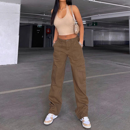 Women Solid Color Cargo Pants High Waist Straight-leg Buckle Jeans with Pockets Khaki Brown Baggy Casual Trousers