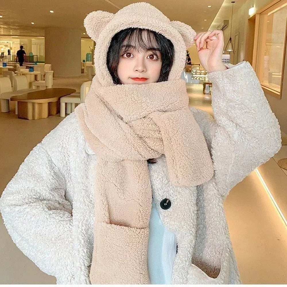 Fashion Winter Women Novelty Beanies Caps Warm Bear Ear Hat Casual Plush Hat Scarf Set Casual Solid Women Caps Present