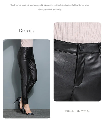 Leather Pants, Women's Slimming Small Leg Sheepskin Pencil Pants, Spring And Autumn, Leather Leggings ,Slim Leather Pants 4XL