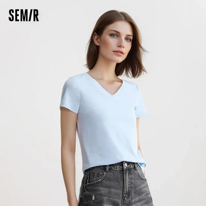 Semir Short Sleeve T-Shirt Women Slim V-Neck Positive Shoulder Simple 2024 New Antibacterial Summer Solid Colour Versatile T shi