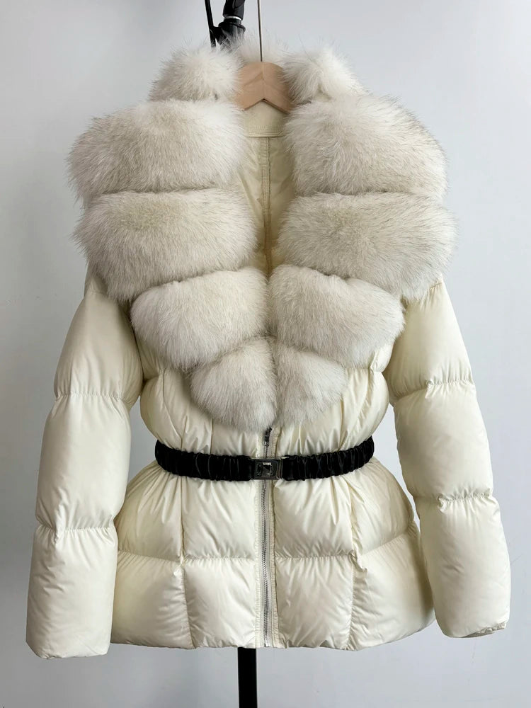 Janveny Super Big Real Fox Fur Winter Women 90% White Duck Down Jacket 2024 Ladies Slim Warm Puffer Coat Female Thick Parkas