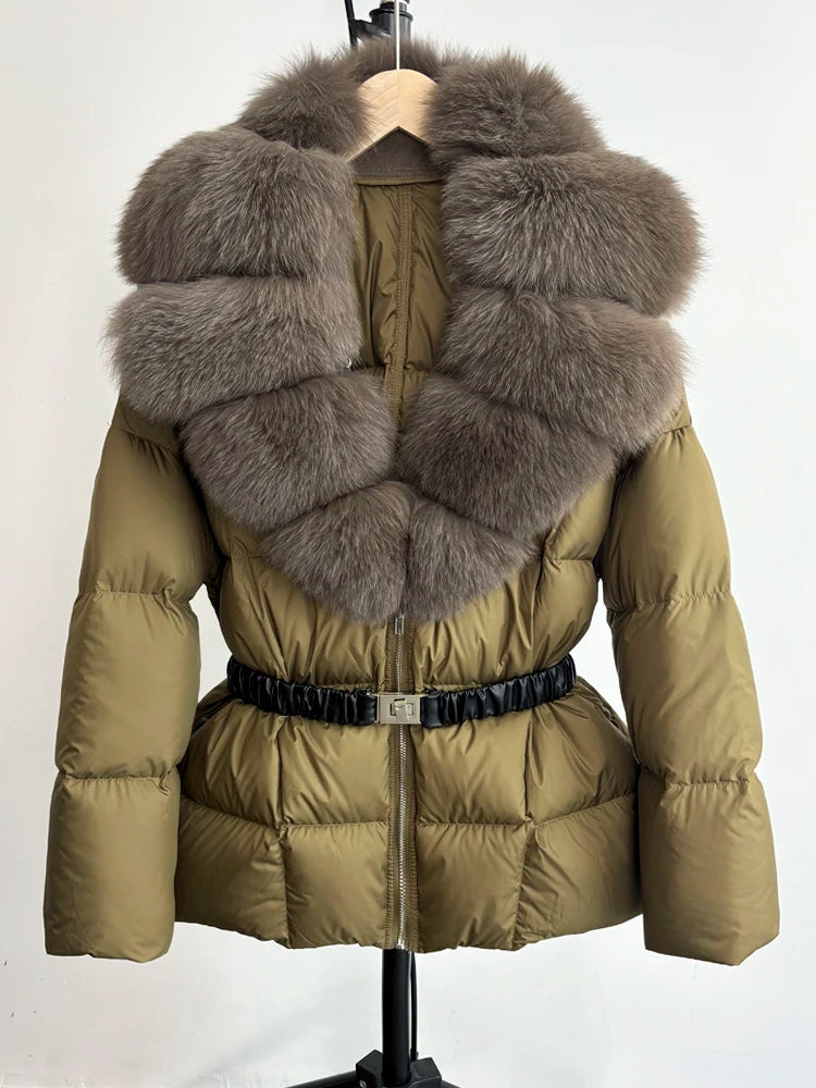 Janveny Super Big Real Fox Fur Winter Women 90% White Duck Down Jacket 2024 Ladies Slim Warm Puffer Coat Female Thick Parkas