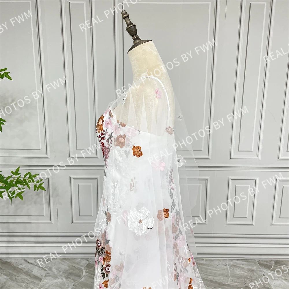 20058# Real Photos Colorful Flowers Embroidery Lace Wedding Dress Strapless Boho Low Back Customized Bridal Gown For Women 2024