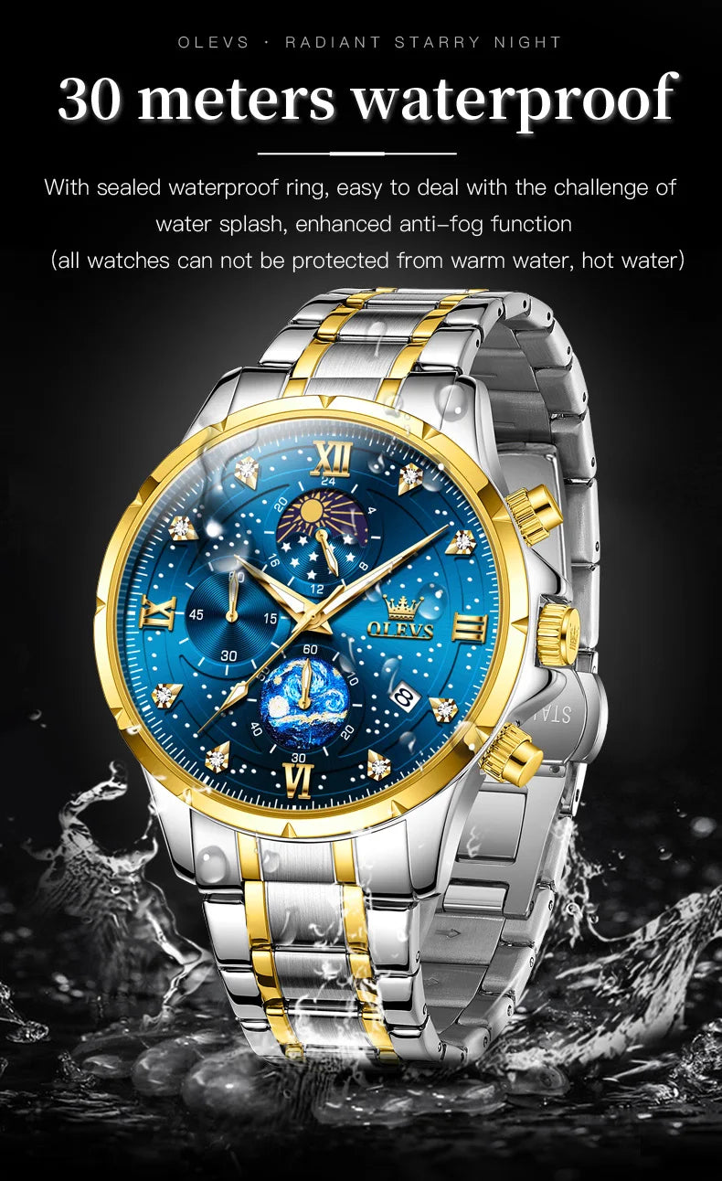 OLEVS 9807 New Man Watch Starry Sky Moon Phase Chronograph Waterproof Luminous Auto Date Hand Clock Luxury Quartz Watch for Men