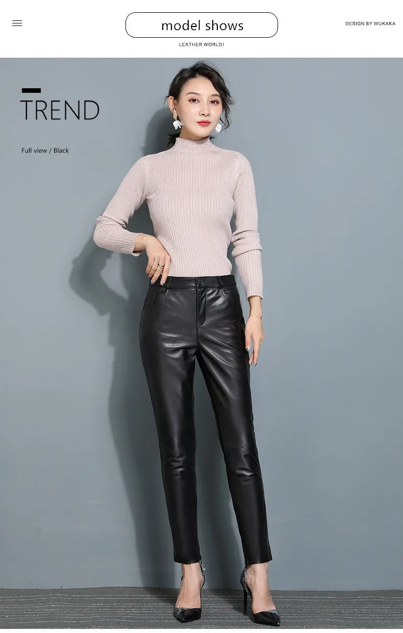 Leather Pants, Women's Slimming Small Leg Sheepskin Pencil Pants, Spring And Autumn, Leather Leggings ,Slim Leather Pants 4XL