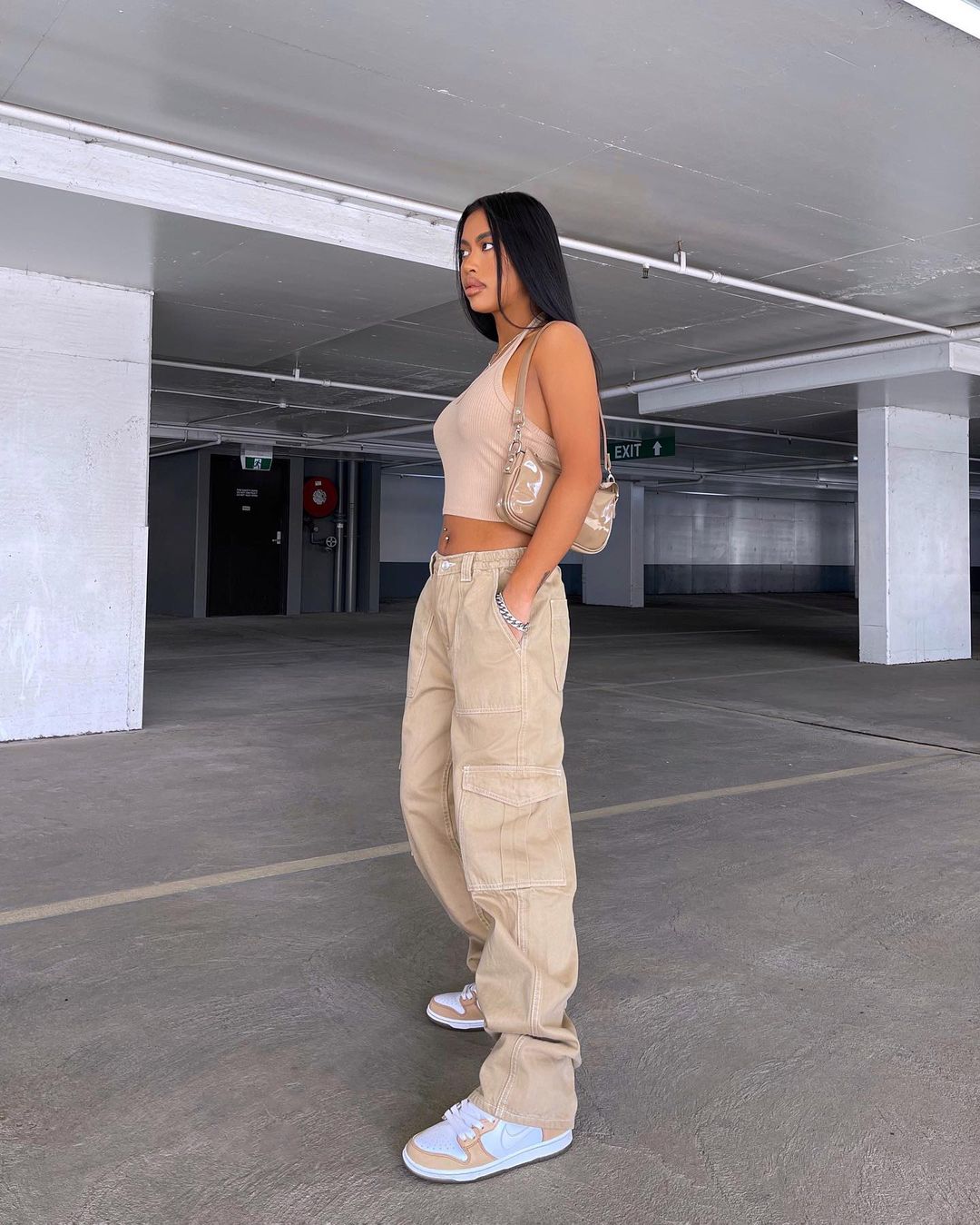 Women Solid Color Cargo Pants High Waist Straight-leg Buckle Jeans with Pockets Khaki Brown Baggy Casual Trousers