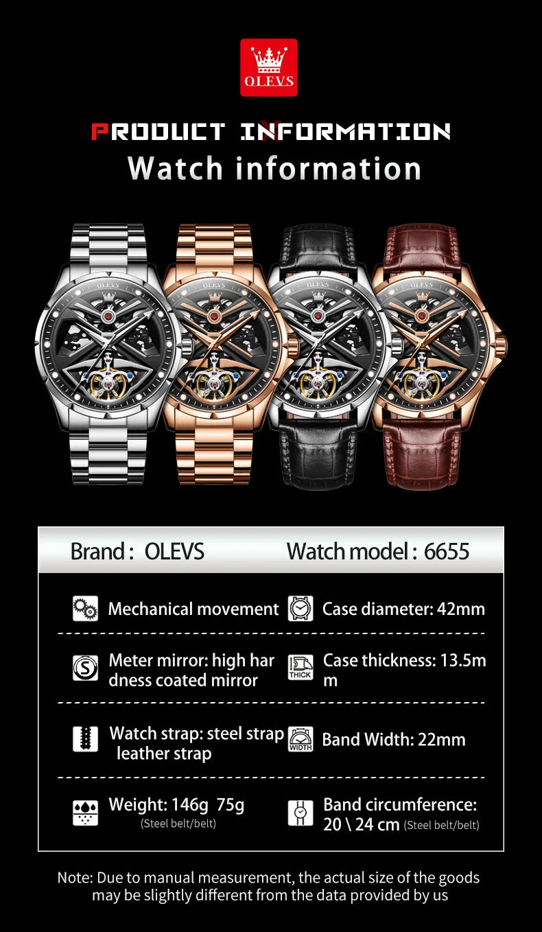 OLEVS 6655 Skeleton Fully Automatic Watch for Men Top Original Luxury Men's Mechanical Wristwatch Luminous Waterproof Man Watch