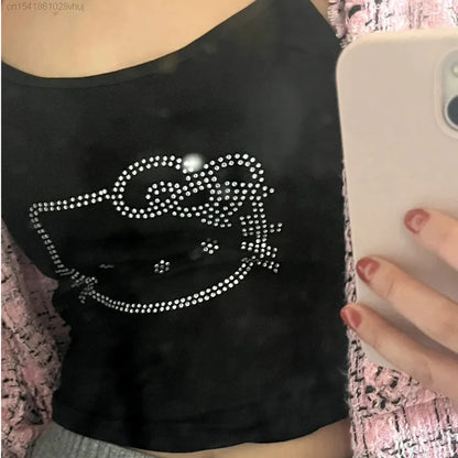 Sanrio Hello Kitty Diamond Tank Top Fashion Gothic Aesthetic Crop Top Y 2k Girls New Summer Youthful Woman Clothes