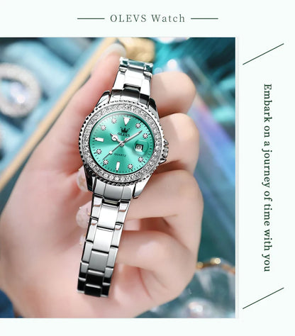 OLEVS Women's Watches Top Brand Original Quartz Ladies Watch Luxury Bezel Diamond Wristwatch Waterproof Enlarge Date Gift Set