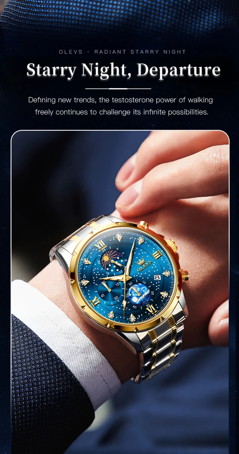 OLEVS 9807 New Man Watch Starry Sky Moon Phase Chronograph Waterproof Luminous Auto Date Hand Clock Luxury Quartz Watch for Men