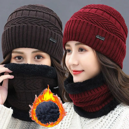 Two-Piece Set Fashion Women Knitted Hat Scarf Caps Neck Warmer Winter Hats For Men Women Skullies Beanies Warm Fleece Cap