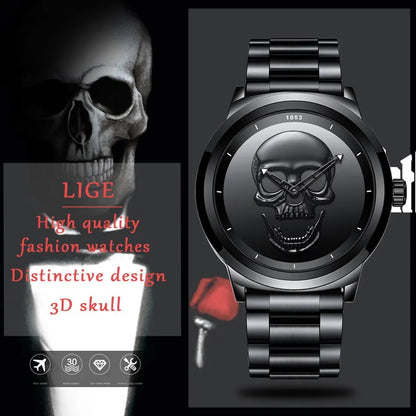 LIGE Top Brand 3D Skull Man Watch Fashion Creative Stainless Steel Quartz Watchs for Men Fashion Business Waterproof Male Clocks