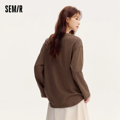 Semir Long Sleeve T-Shirt Women Plum Blossom Medium Long Length Pure Cotton with Printed Design 2024 New Autumn Oversized Top