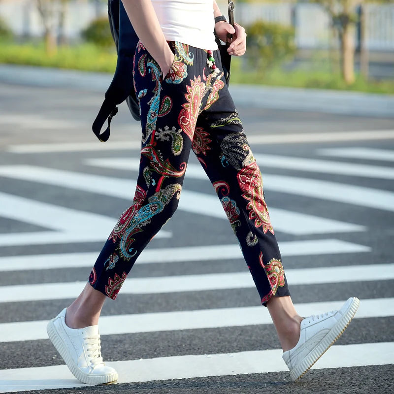 Summer New Cotton and Linen Pants Men's Printed Drawstring Ankle Length Pants Large Size S-6XL Male Slacks