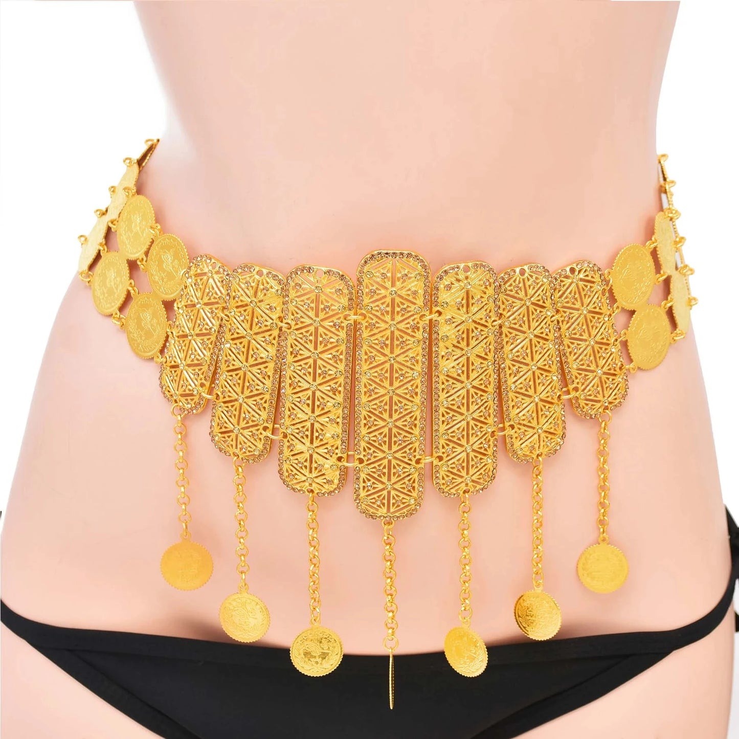 Afghan Turkish Golden Coin Belt Rhinestone Crystal Geometric Heart India Waist Belly Chains Kurdish Moroccan Arabic Body Jewelry