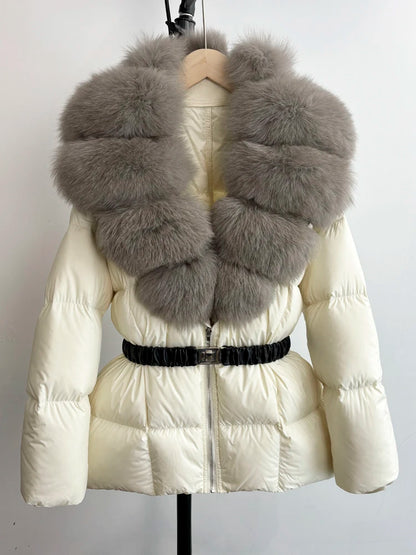 Janveny Super Big Real Fox Fur Winter Women 90% White Duck Down Jacket 2024 Ladies Slim Warm Puffer Coat Female Thick Parkas