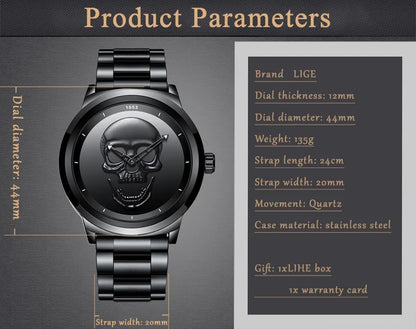 LIGE Top Brand 3D Skull Man Watch Fashion Creative Stainless Steel Quartz Watchs for Men Fashion Business Waterproof Male Clocks