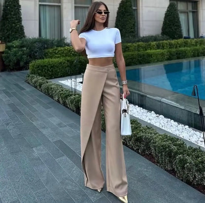 TRAFZA Women Fashion Khaki Elegant Loose Wide Leg Pants Casual Vintage High Waisted Side Zipper Female Long Trousers Streetwear