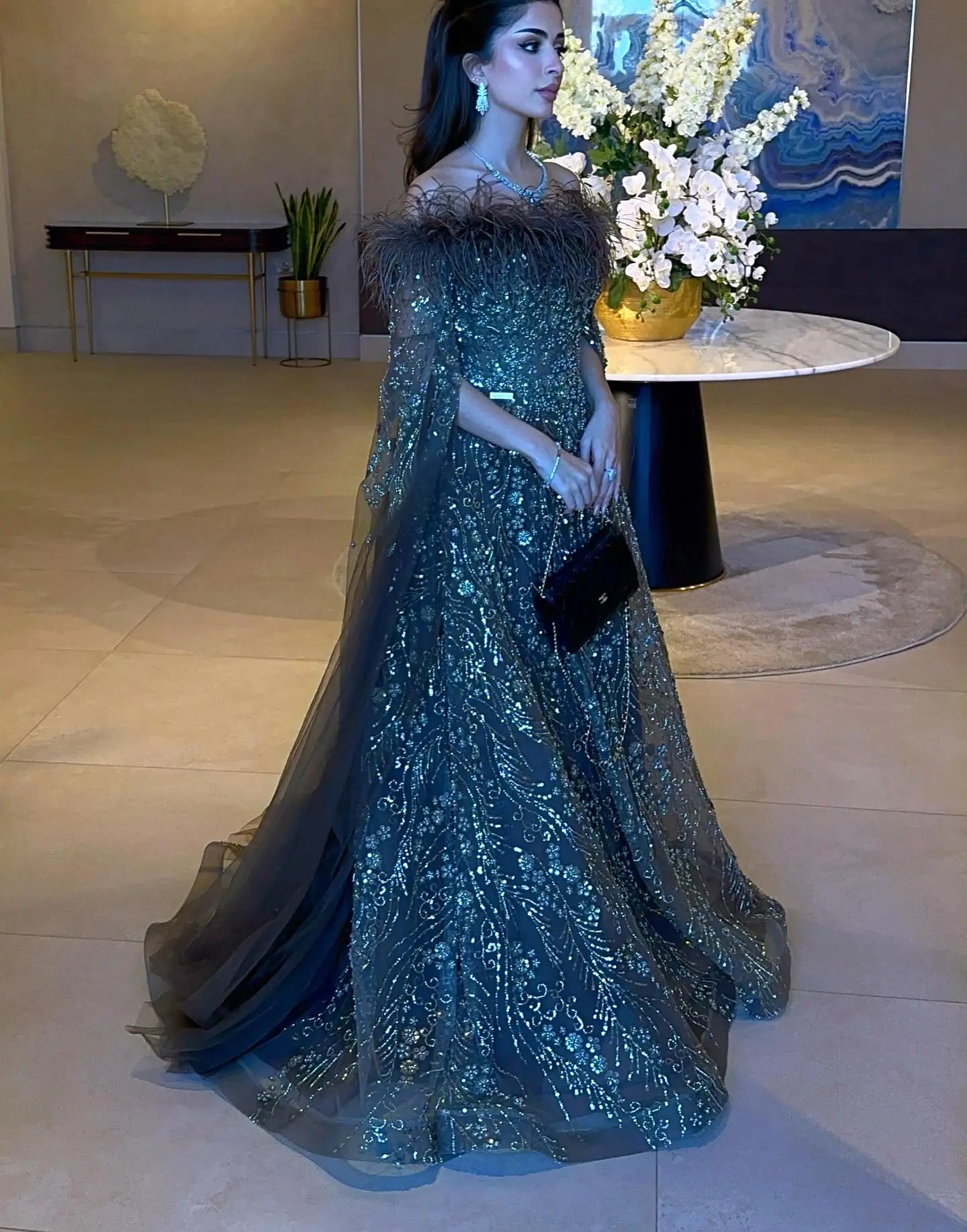 Sharon Said Off Shoulder Luxury Feather Brown Evening Dress with Cape Sleeve Navy Blue Women Wedding Party Gown SS135 Customized