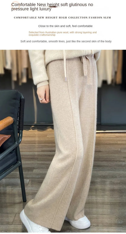 2023 autumn and winter new high-waisted wool mopping pants women's casual wide-leg pants hang out knitted woolen pants