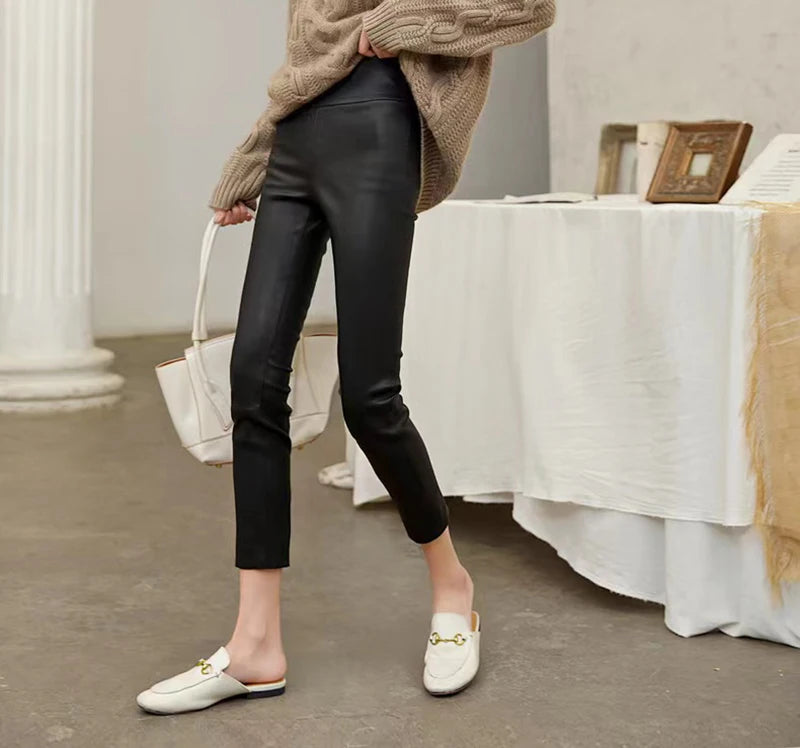 Women Clothing Genuine Leather Skinny Pants Simple Casual Elastic Waist Trousers Sheepskin All-Match Black/Coffee Frauen Hosen