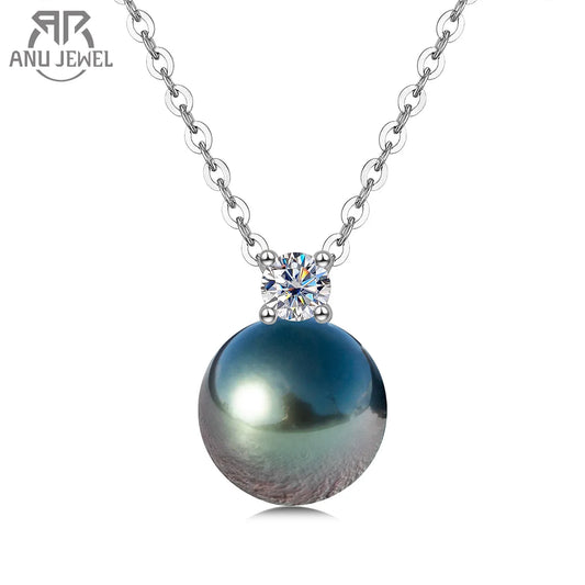 AnuJewel 9-10mm Natural Tahitian Black Pearl 0.3ct Moissanite Diamond Necklace 925 Sterling Silver Necklace Forman