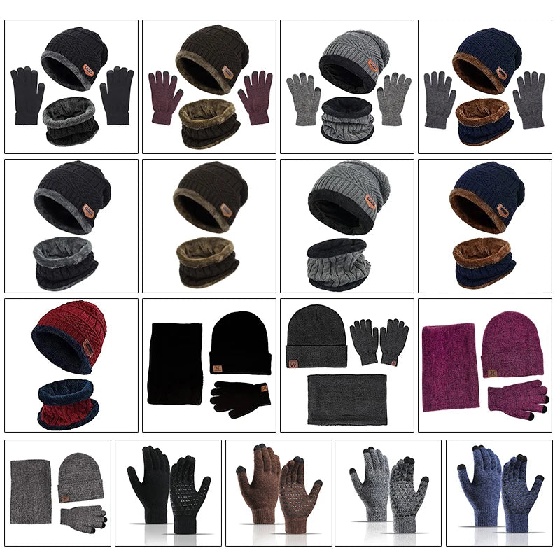 Winter Set Hat Scarves Touch Screen Gloves 3pcs Warm Men Women Fashion Thickening Plus Wool Neck Protect Cap Outdoor Riding