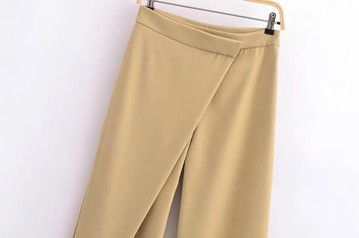 TRAFZA Women Fashion Khaki Elegant Loose Wide Leg Pants Casual Vintage High Waisted Side Zipper Female Long Trousers Streetwear