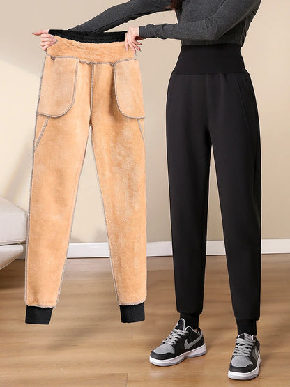 Women Pants Warm Winter Thick Lambskin Cashmere Pants High Waist Black Harem Long Trousers Wool Cold Resistant Pants PELEDRESSS