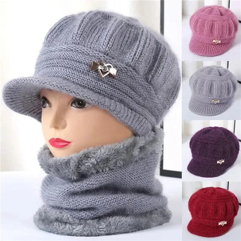 Knitted Hat Women Warm Winter Hats For Women Ladies Beanie Girls Skullies Femme SnapBack Warm Plush Hat Sombrero Mujer Scarf Set