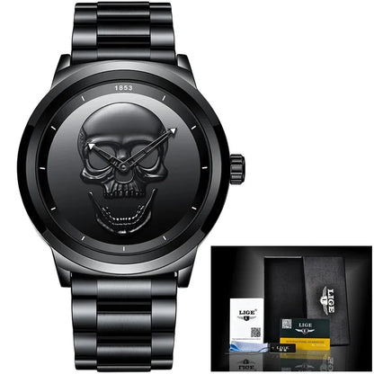 LIGE Top Brand 3D Skull Man Watch Fashion Creative Stainless Steel Quartz Watchs for Men Fashion Business Waterproof Male Clocks