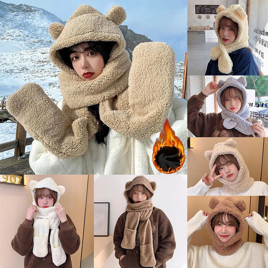 New Cute Bear Ear Hat Scarf Gloves Set Winter Women Beanies Caps Warm Casual Plush Hats Casual Solid Fleece Girl Kawaii Present