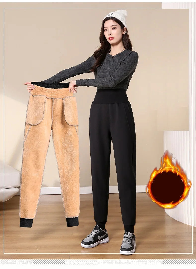 Women Pants Warm Winter Thick Lambskin Cashmere Pants High Waist Black Harem Long Trousers Wool Cold Resistant Pants PELEDRESSS