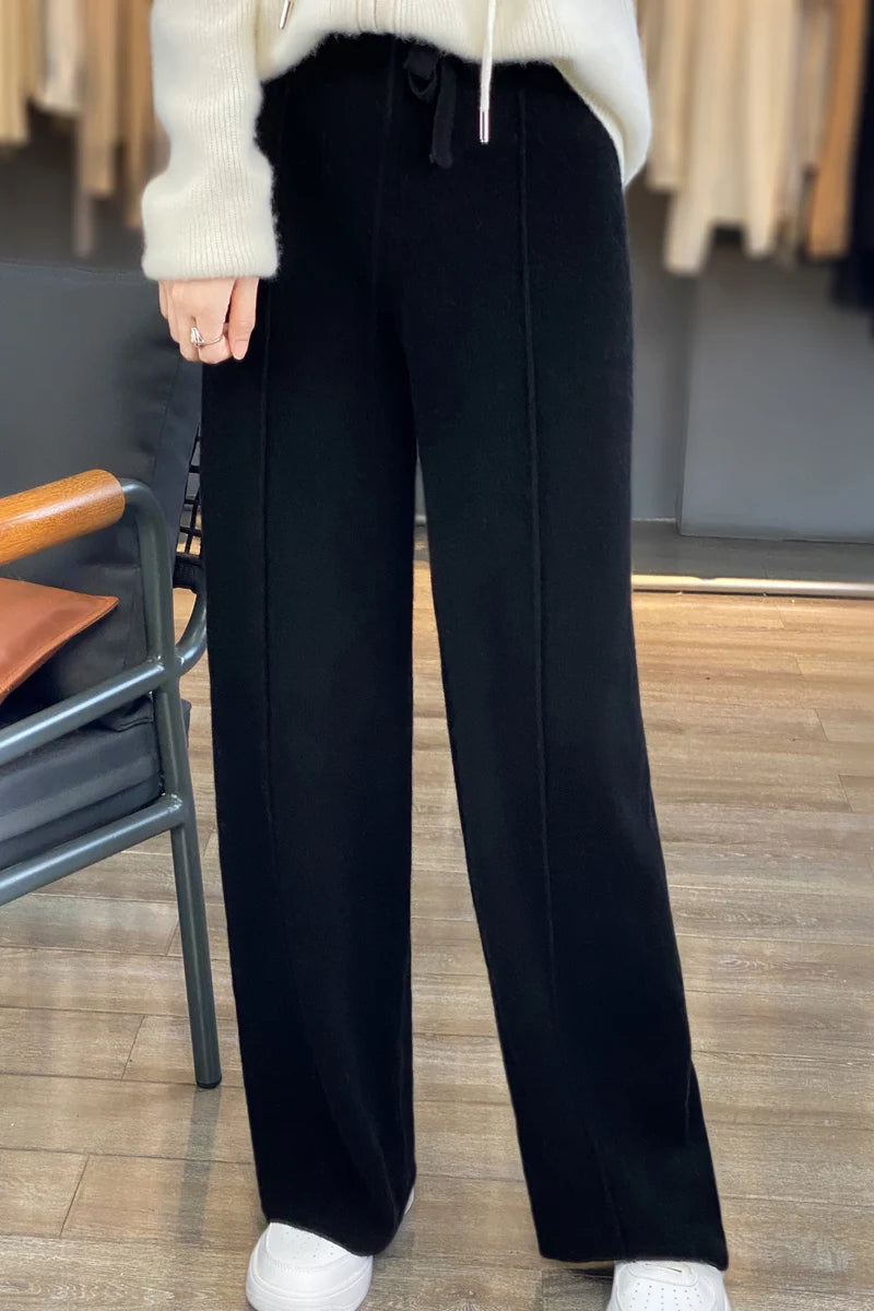 2023 autumn and winter new high-waisted wool mopping pants women's casual wide-leg pants hang out knitted woolen pants