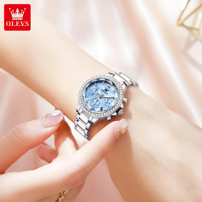 OLEVS Women's Watches Fashion Luxury Rhinestone luminous waterproof Bezel Ceramic Strap Quartz Women watch for Women Reloj mujer