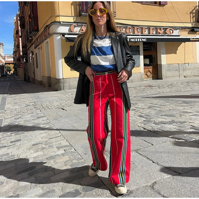 Women's Striped Straight Pants Colors Print Wide Trousers With Zipper Female Casual Pockets High Waist Pant 2024 New Commuting