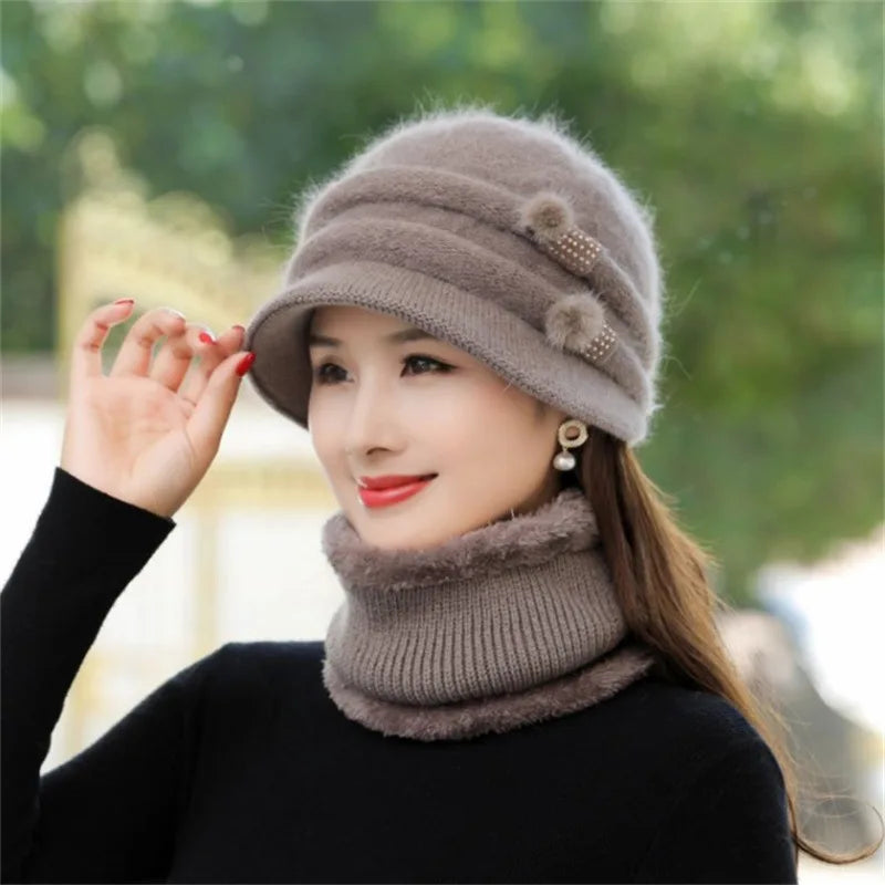 Women Winter Hat Keep Warm Cap Add Fur Lined CAPS And Scarf Set Warm For Female Casual Rabbit Fur Winter Knitted Bonnet