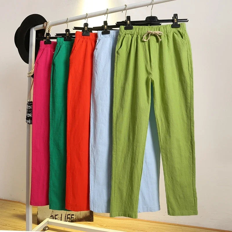 2023 Cotton Linen Women Pants Spring Summer Green Harem Pants Solid Elastic Waist Harem Trousers Soft High Quality Women's Pants