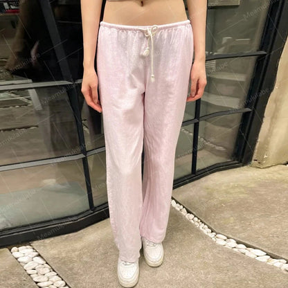 Maemukilabe Comfy Loung Pants Streetwear Tie Up Waist Wide Leg Trousers Y2K Vintage Striped Loose Pants Women Pajamas Sleepwear