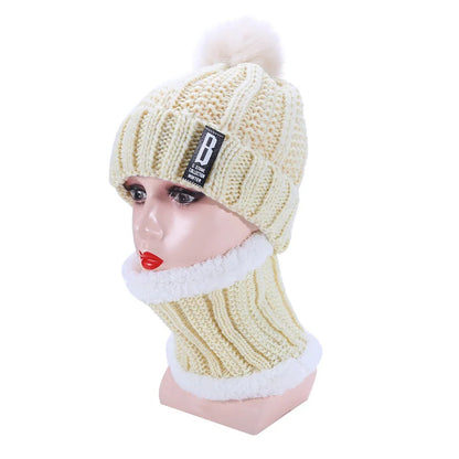 Warm Winter Skullies Beanies Knitted Hat Women Brand High Quality Winter Women Ball Ski Wool Fur Hat Pompoms Hats Knitted Scarf